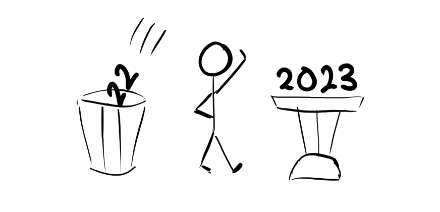 A stick figure person is throwing "2022" into a bin behind them. In front of them is an altar with "2023" sitting on it.